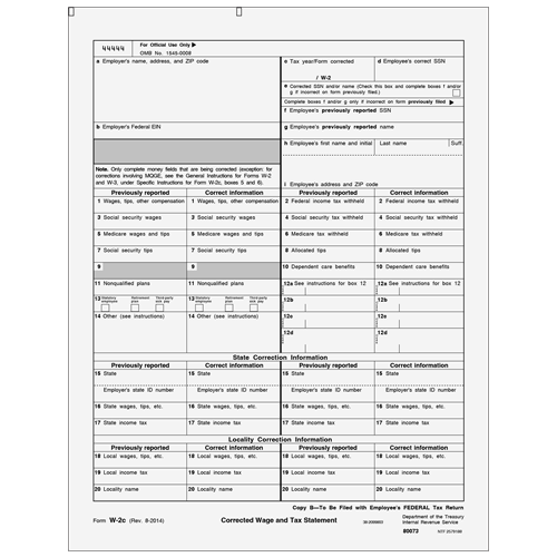 W-2C Corrected Wage And Tax Statement Copy B - Employee Federal (80073)